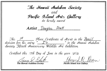 1st Place, Pencil, 50th Anniversary Wildlife Art Exhibition, Hawaii Audubon Society and Pacific Island Arts Gallery, 1989