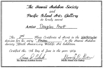 2nd Place, Watercolor, 50th Anniversary Wildlife Art Exhibition, Hawaii Audubon Society and Pacific Island Arts Gallery, 1989